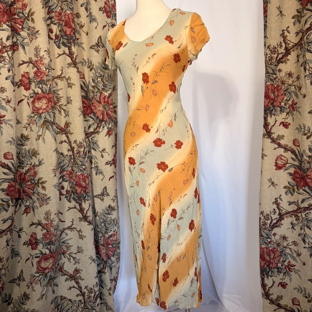 Benjamin A Vintage 90s Floral Maxi Dress with Orange Sage Green ombré design